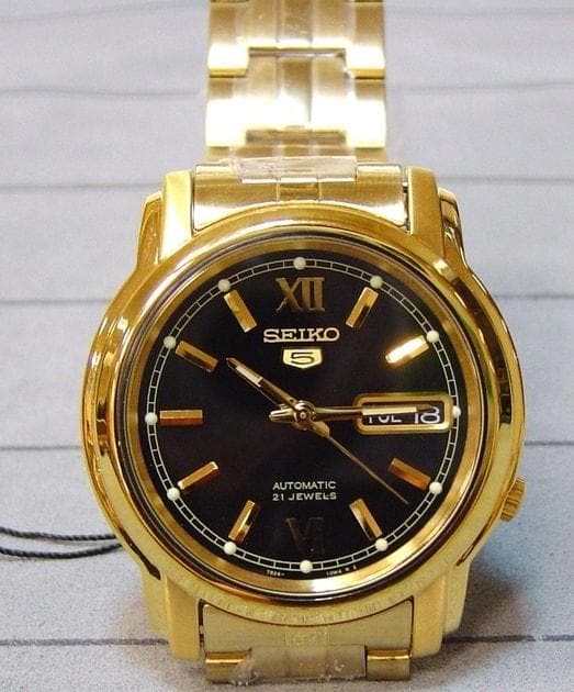 Seiko 5 Classic Mens Size Black Dial Gold Plated Stainless Steel Strap Watch SNKK86K1 - Diligence1International