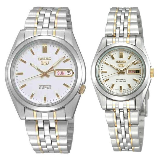Seiko 5 Classic White Dial Couple's 2 tone Gold Plated Stainless Steel Watch Set SNK363K1+SYMA35K1 - Diligence1International