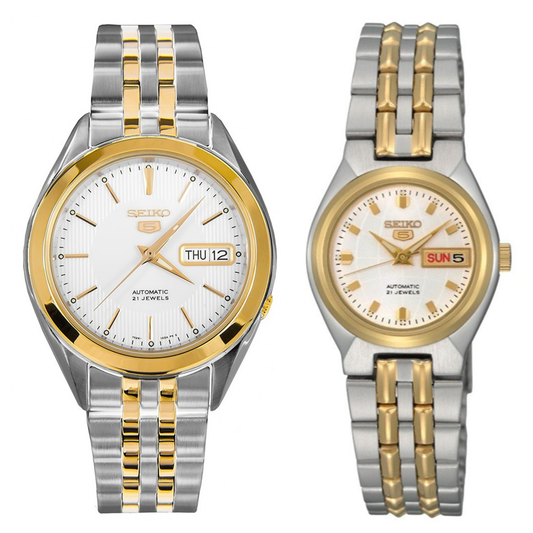 Seiko 5 Classic White Dial Couple's 2 tone Gold Plated Stainless Steel Watch Set SNKL24K1+SYMK44K1 - Diligence1International