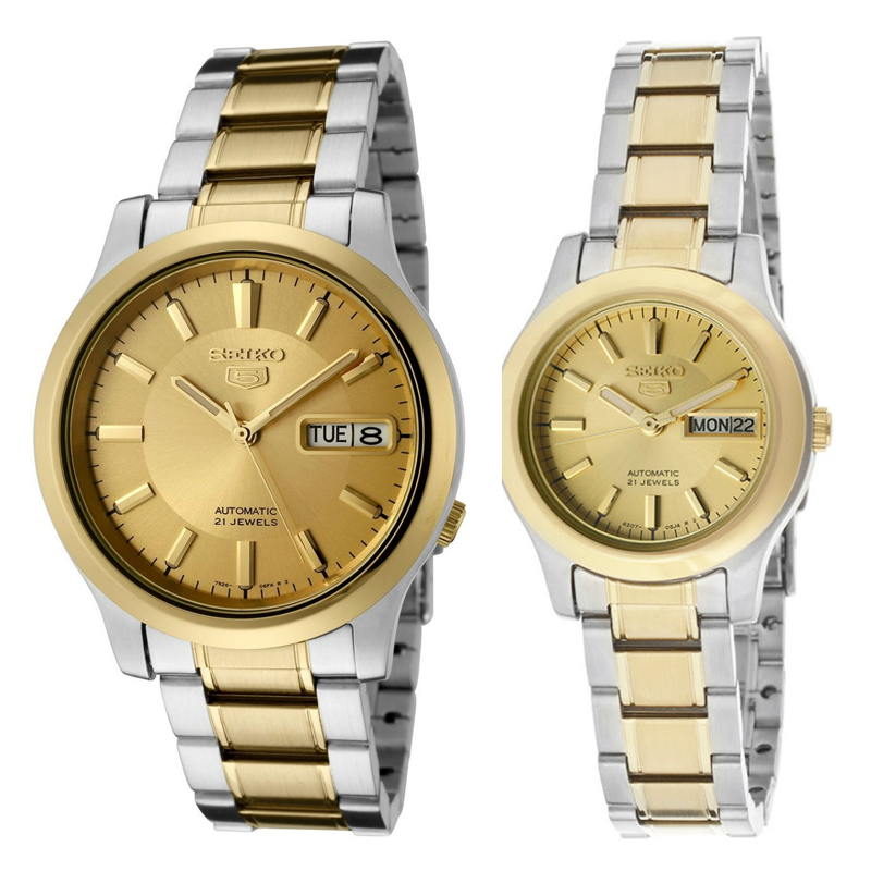 Seiko 5 Classic Gold Dial Couple's 2 tone Gold Plated Stainless Steel Watch Set SNK792K1+SYMD92K1 - Diligence1International