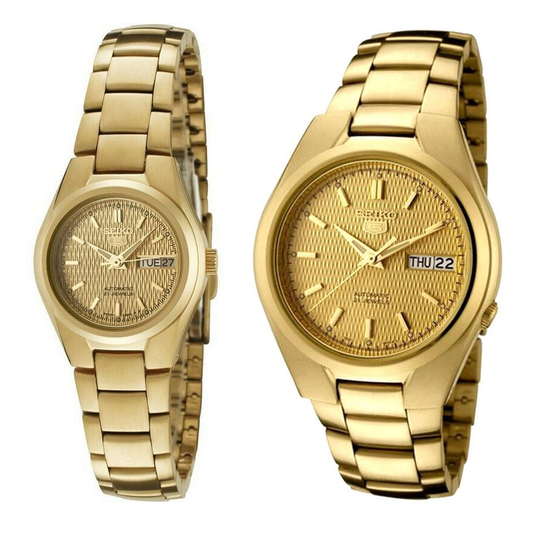 Seiko 5 Classic Gold Dial Couple's Gold Plated Stainless Steel Watch Set SNK610K1+SYMC18K1 - Diligence1International