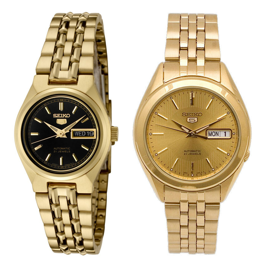 Seiko 5 Classic Gold+Black Dial Couple's Gold Plated Stainless Steel Watch Set SNKL28K1+SYMA06K1 - Diligence1International