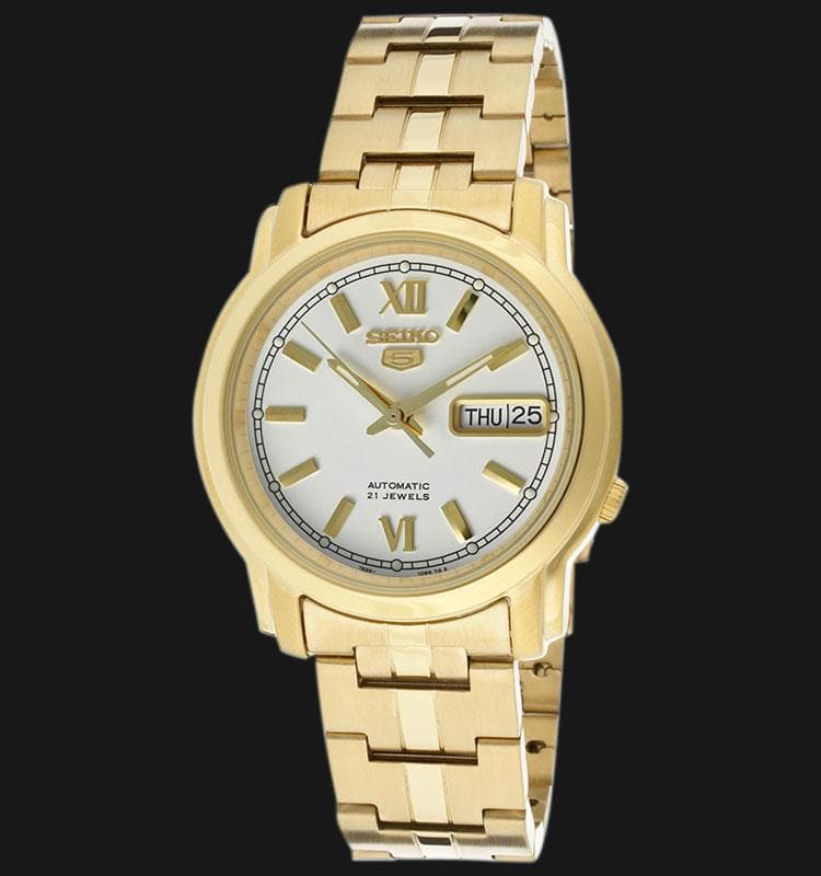 Seiko 5 Classic Mens Size White Dial Gold Plated Stainless Steel Strap Watch SNKK84K1 - Diligence1International