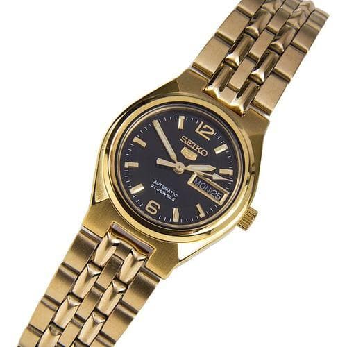 Seiko 5 Classic Ladies Size Black Dial Gold Plated Stainless Steel Strap Watch SYMK38K1 - Diligence1International