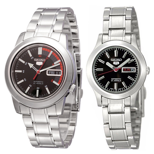 Seiko 5 Classic Black Dial with Red Bar Couple's Stainless Steel Watch Set SNKK31K1+SYMD95K1 - Diligence1International