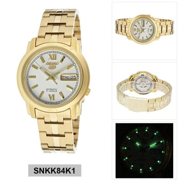 Seiko 5 Classic Mens Size White Dial Gold Plated Stainless Steel Strap Watch SNKK84K1 - Diligence1International