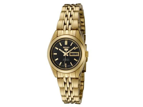 Seiko 5 Classic Ladies Size Black Dial Gold Plated Stainless Steel Strap Watch SYMA40K1 - Diligence1International