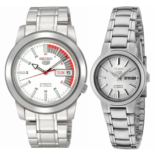 Seiko 5 Classic White Dial with Red Bar Couple's Stainless Steel Watch Set SNKK25K1+SYME39K1 - Diligence1International