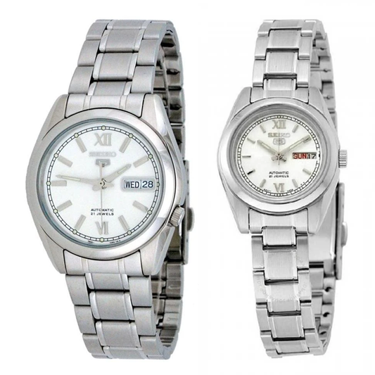 Seiko 5 Classic Silver Dial Couple's Stainless Steel Watch Set SNKL51K1+SYMK23K1 - Diligence1International