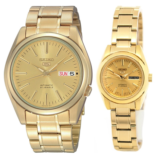 Seiko 5 Classic Gold Dial Couple's Gold Plated Stainless Steel Watch Set SNKL48K1+SYMK20K1 - Diligence1International