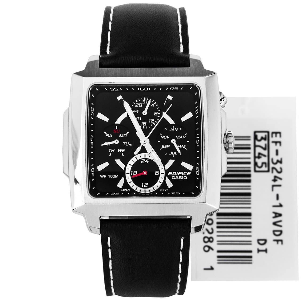 Casio Edifice Rectangle Black Dial Men's Tough Leather Strap Watch EF-324L-1AV - Diligence1International