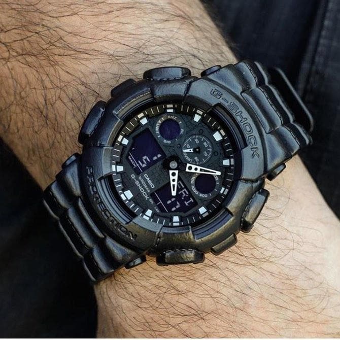 Casio G-Shock Black Out Leather Texture Series Anadigi Black Watch  GA100BT-1ADR