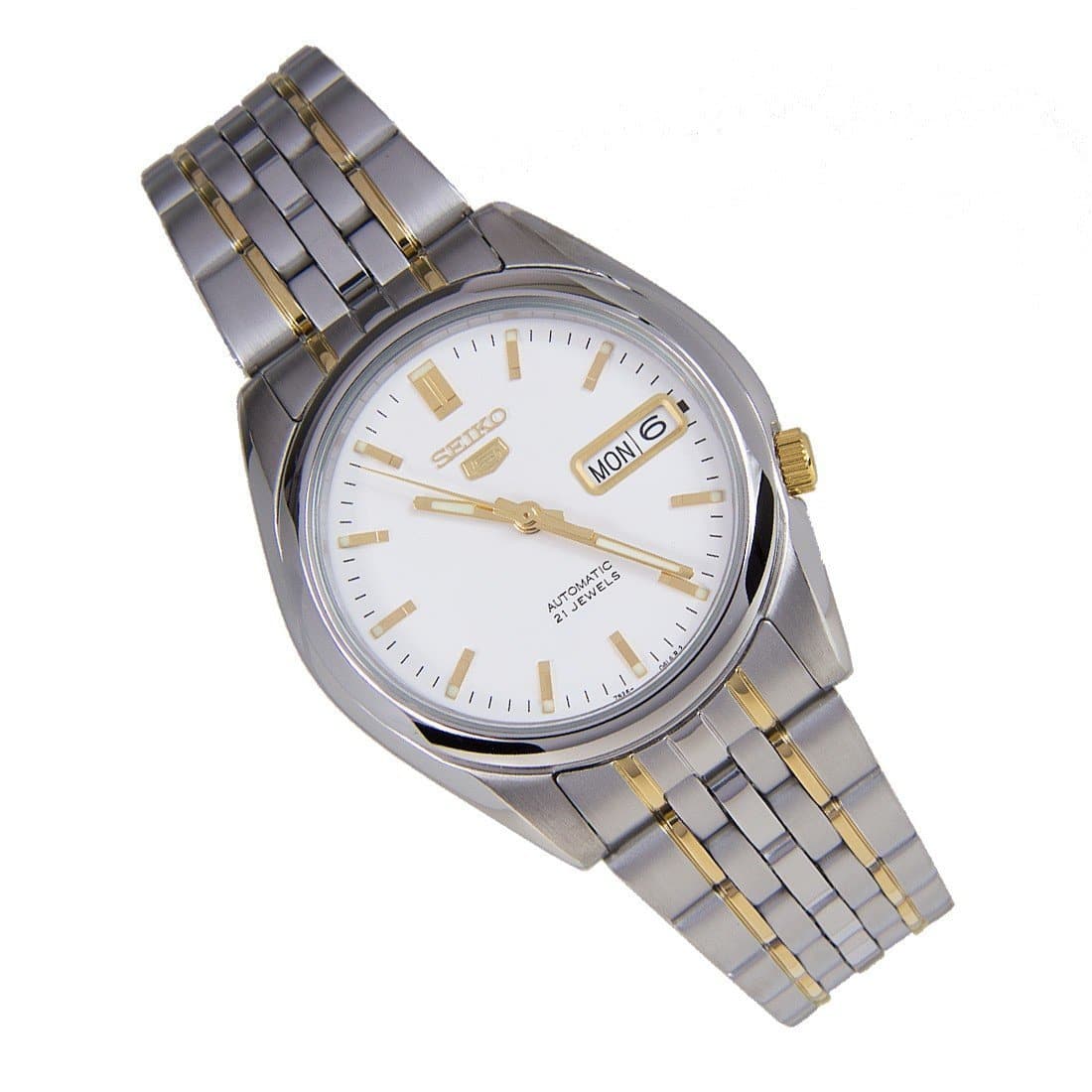 Seiko 5 Classic Mens Size White Dial 2 Tone Gold Plated Stainless Steel Strap Watch SNK363K1 - Diligence1International