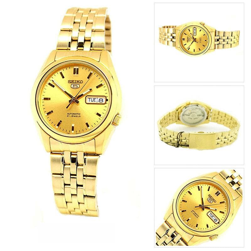 Seiko 5 Classic Gold Dial Couple's Gold Plated Stainless Steel Watch Set SNK366K1+SYMA38K1 - Diligence1International