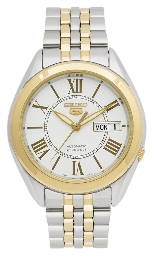 Seiko 5 Classic Mens Size Silver Dial 2 Tone Gold Plated Stainless Steel Strap Watch SNKL36K1 - Diligence1International