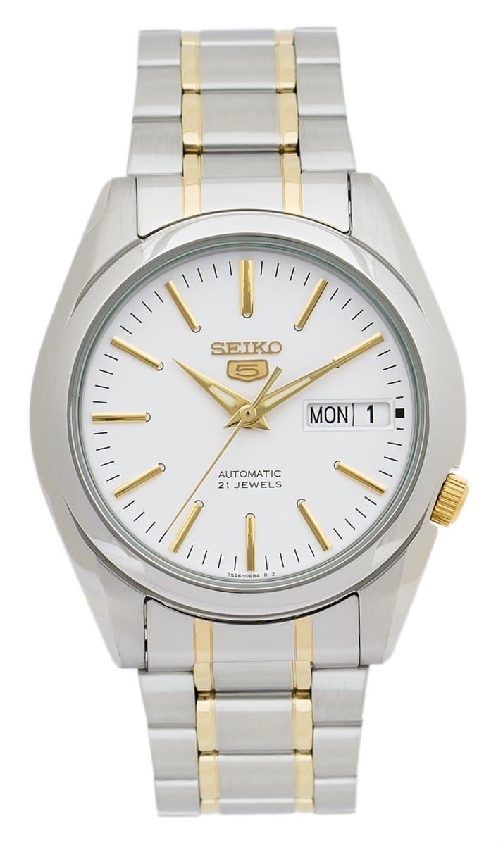 Seiko 5 Classic Mens Size White Dial 2 Tone Gold Plated Stainless Steel Strap Watch SNKL47K1 - Diligence1International