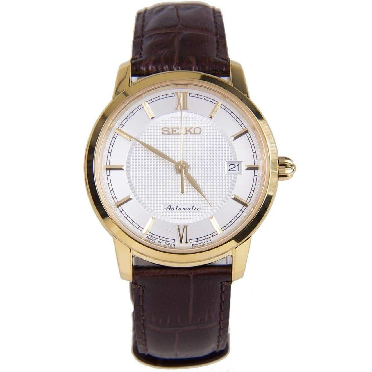 Seiko JAPAN Made Pre- Presage Silver Dial Gold Plated Men's Brown Leather Strap Watch SRPA14J1 - Diligence1International