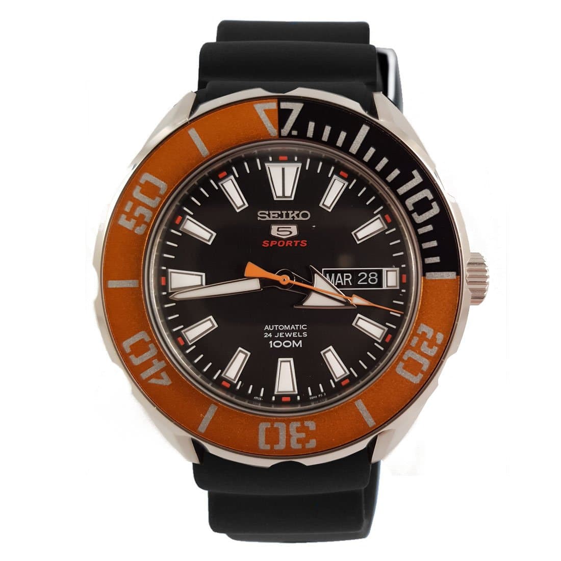 Seiko 5 Sports 100M Black Dial Orange Bezel Men's Rubber Strap Watch SRPC59K1 - Diligence1International