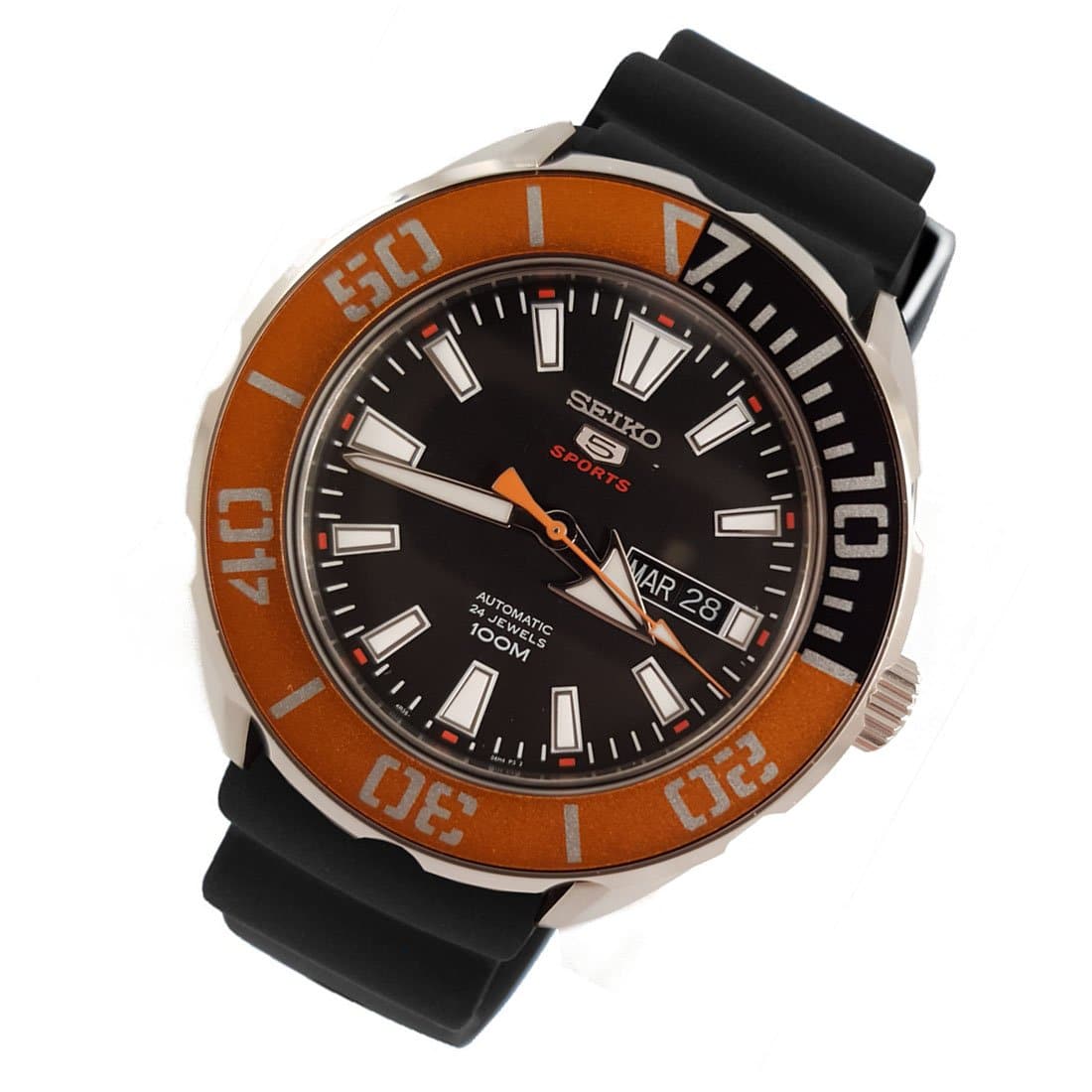 Seiko 5 Sports 100M Black Dial Orange Bezel Men's Rubber Strap Watch SRPC59K1 - Diligence1International