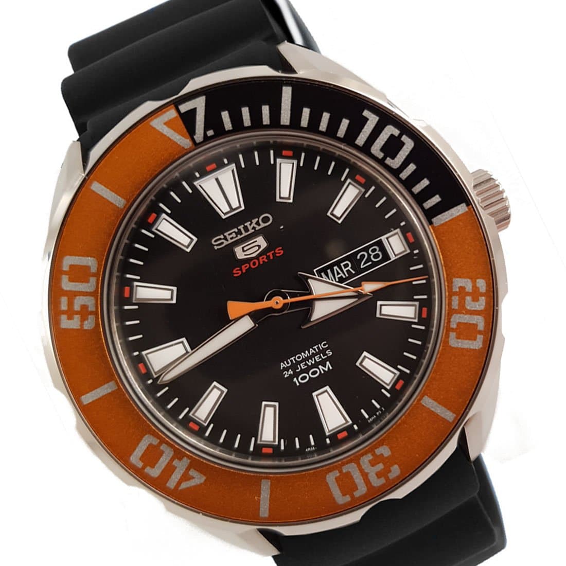 Seiko 5 Sports 100M Black Dial Orange Bezel Men's Rubber Strap Watch SRPC59K1 - Diligence1International