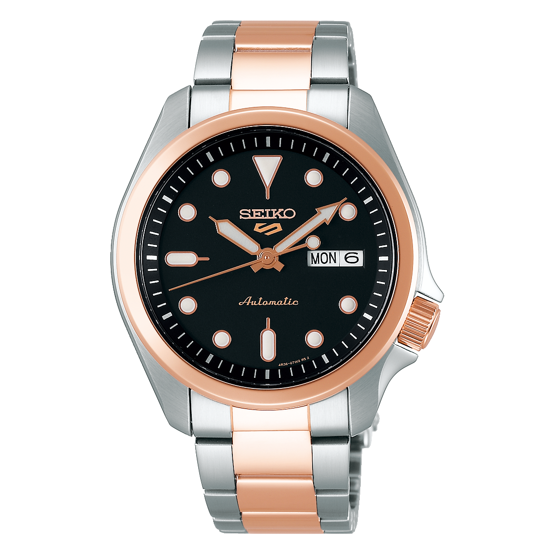 NEW Seiko 5 Sports 100M Automatic Men's Watch Black Dial 2 Tone Rose Gold Plated SRPE58K1 - Diligence1International