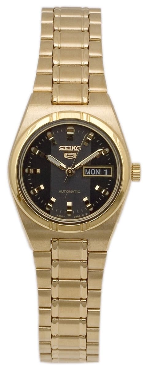 Seiko 5 Classic Ladies Size Black Dial Gold Plated Stainless Steel Strap Watch SYM602K1 - Diligence1International