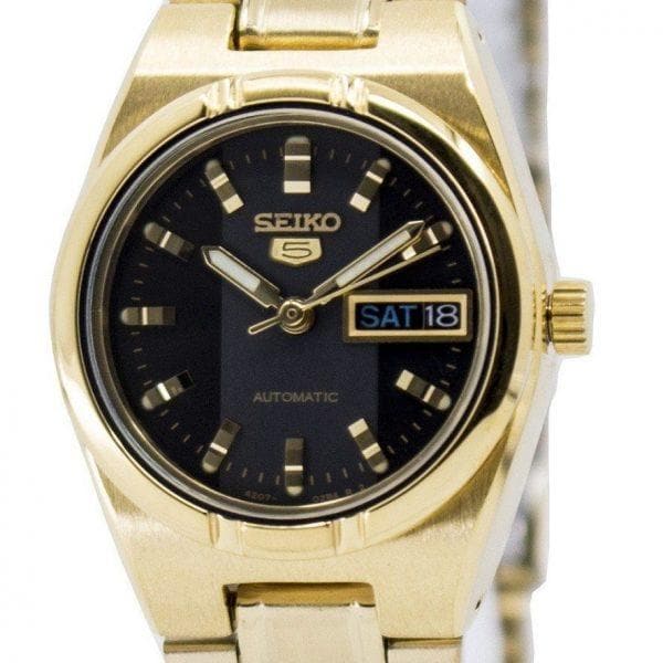 Seiko 5 Classic Ladies Size Black Dial Gold Plated Stainless Steel Strap Watch SYM602K1 - Diligence1International