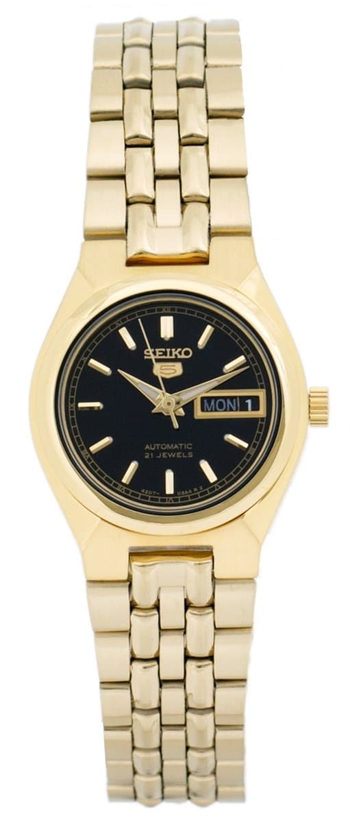 Seiko 5 Classic Ladies Size Black Dial Gold Plated Stainless Steel Strap Watch SYMA06K1 - Diligence1International