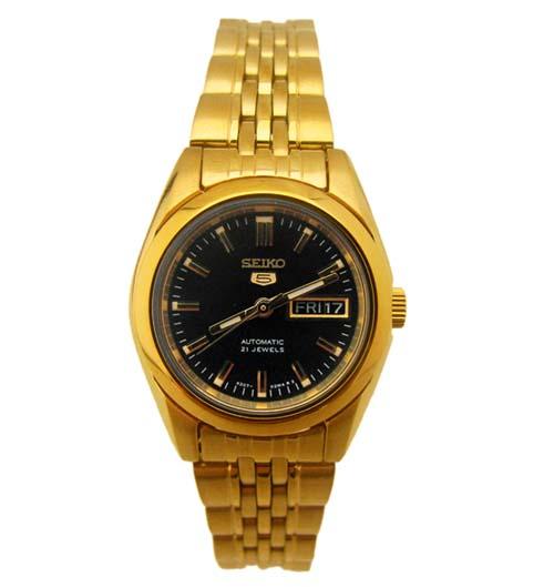 Seiko 5 Classic Ladies Size Black Dial Gold Plated Stainless Steel Strap Watch SYMA40K1 - Diligence1International
