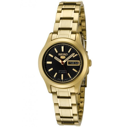 Seiko 5 Classic Ladies Size Black Dial Gold Plated Stainless Steel Strap Watch SYMD96K1 - Diligence1International