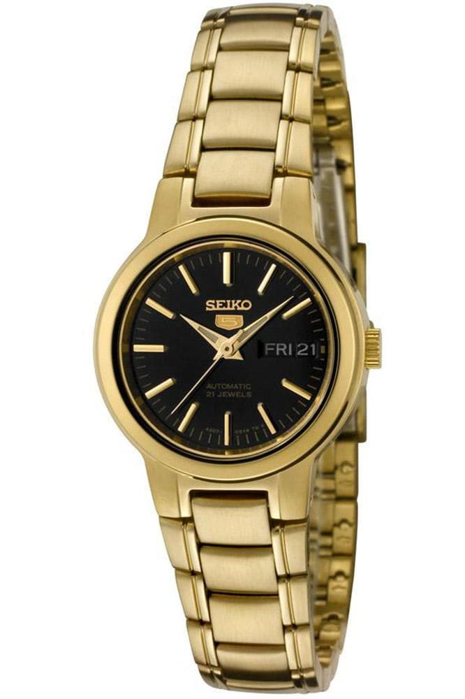 Seiko 5 Classic Ladies Size Black Dial Gold Plated Stainless Steel Strap Watch SYME48K1 - Diligence1International
