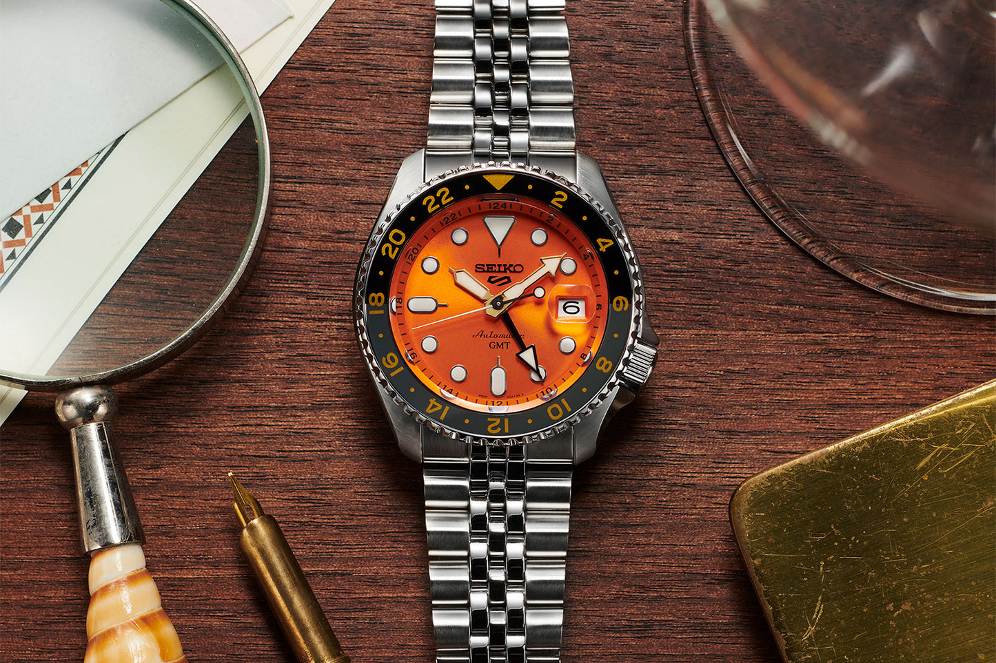 Seiko 5 100M GMT Style Orange Dial Automatic Watch SSK005K1