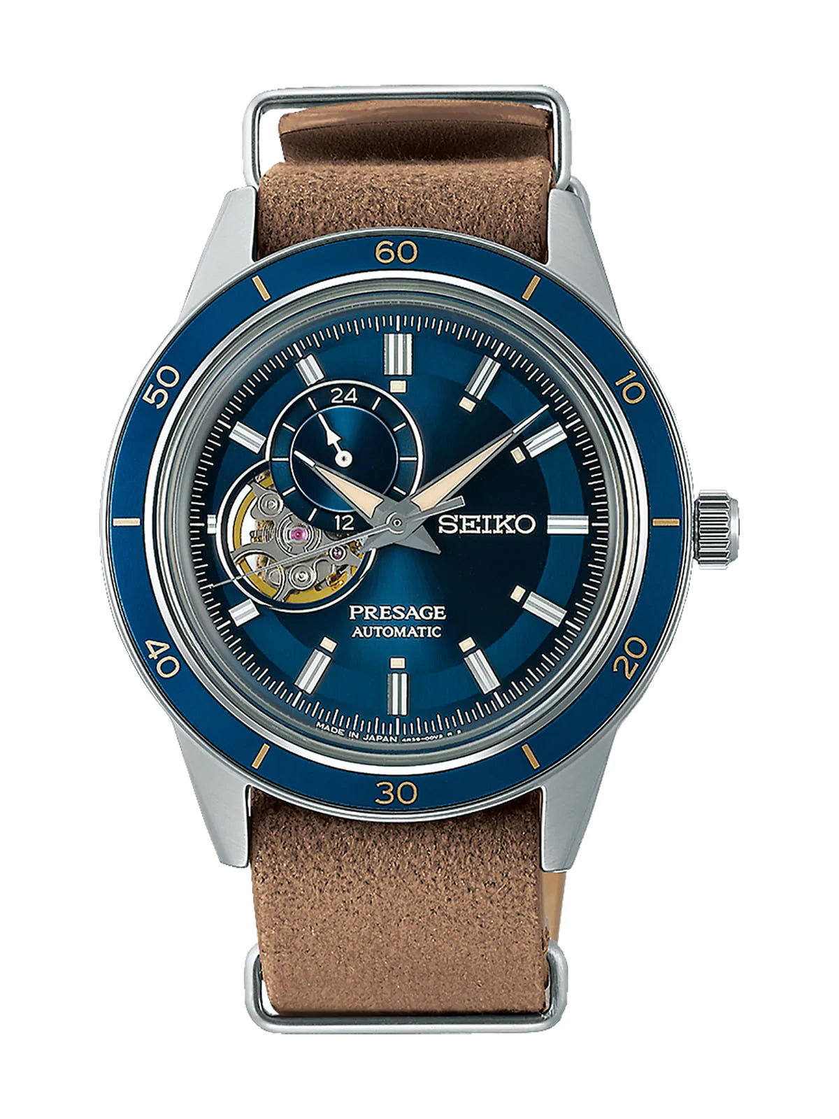 Seiko Presage Style 60 Blue Men's Brown Denim Leather Strap Watch w/ Power Reserve Indicator SSA453J1
