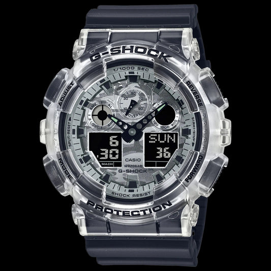 Casio G-Shock Metallic Grey Camo Camouflage Dial Translucent bezel Black Watch GA100SKC-1ADR