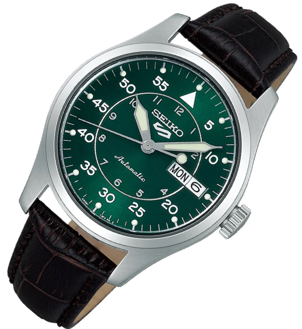 Seiko 5 100M Flieger Suit Style Green Dial Automatic Leather Strap Watch SRPJ89K1