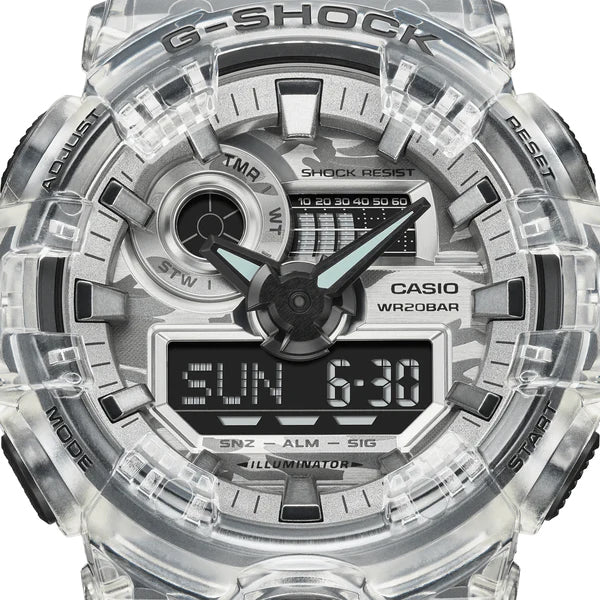 Casio G-Shock Metallic Grey Camo Camouflage Dial Translucent bezel Black Watch GA700SKC-1ADR