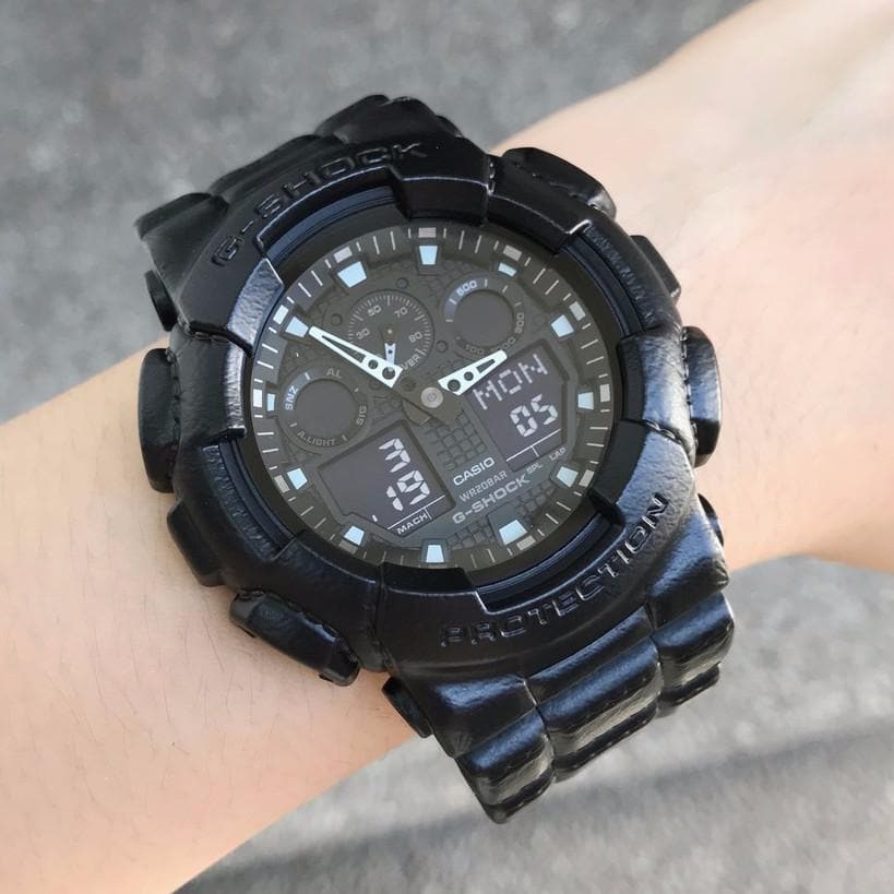 Casio G-Shock Black Out Leather Texture Series Anadigi Black Watch  GA100BT-1ADR