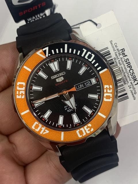 Seiko 5 Sports 100M Black Dial Orange Bezel Men's Rubber Strap Watch SRPC59K1 - Diligence1International