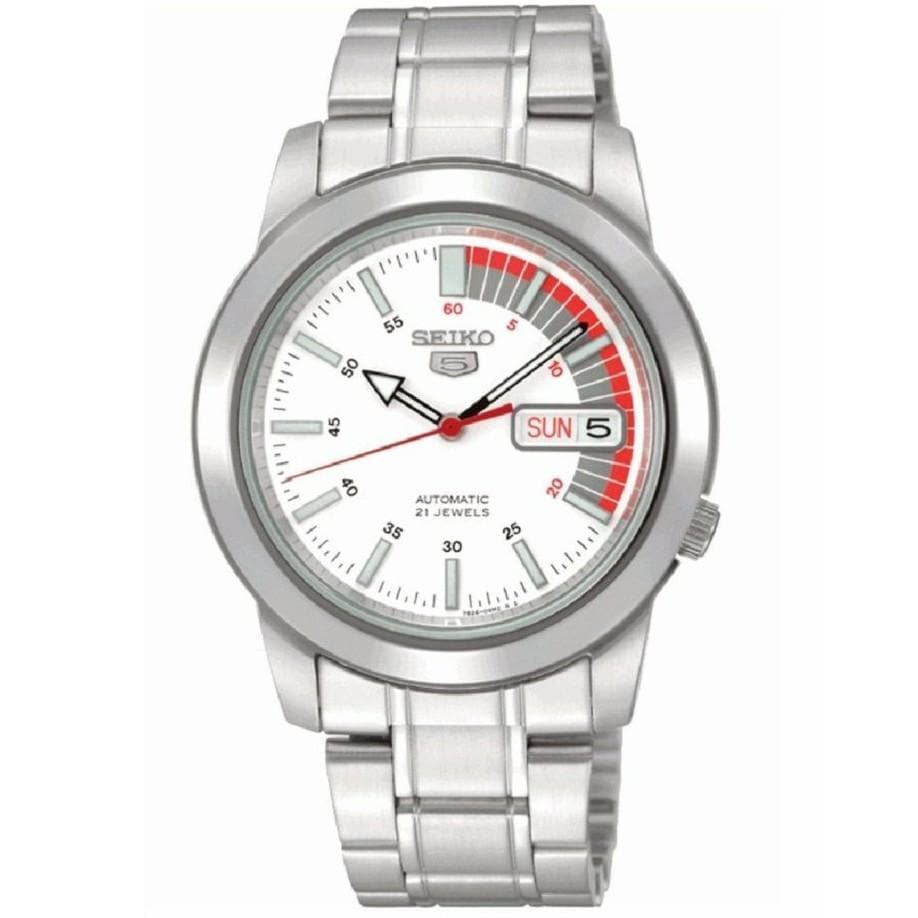 Seiko 5 Classic White Dial with Red Bar Couple's Stainless Steel Watch Set SNKK25K1+SYME39K1 - Diligence1International