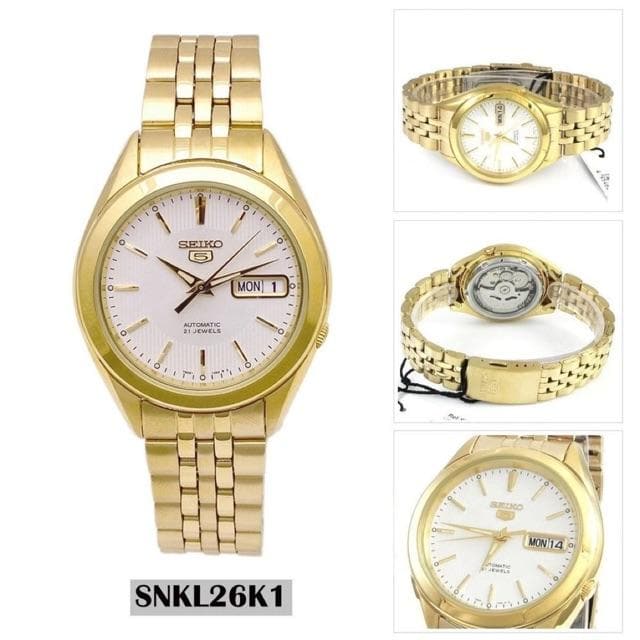 Seiko 5 Classic Mens Size White Dial Gold Plated Stainless Steel Strap Watch SNKL26K1 - Diligence1International