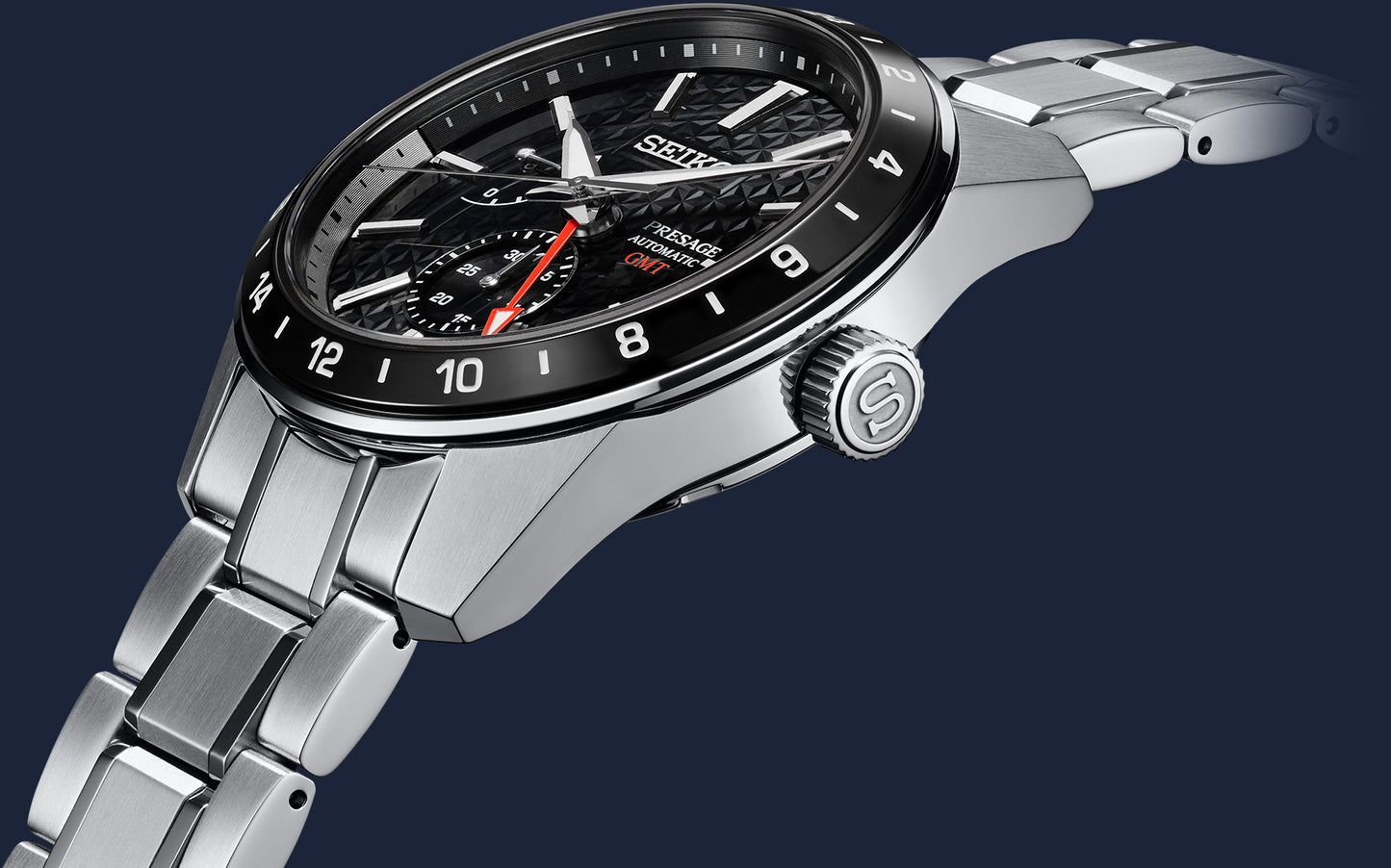 Seiko Japan Made Presage Sharp Edged Series Sumi-Iro Black GMT Men's Stainless Steel Watch SPB221J1
