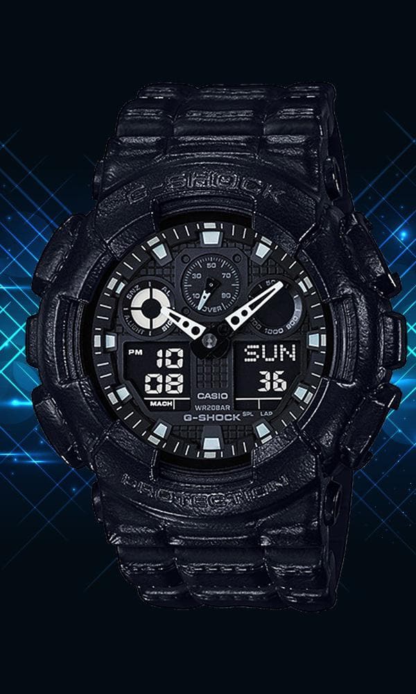 Casio G-Shock Black Out Leather Texture Series Anadigi Black Watch  GA100BT-1ADR