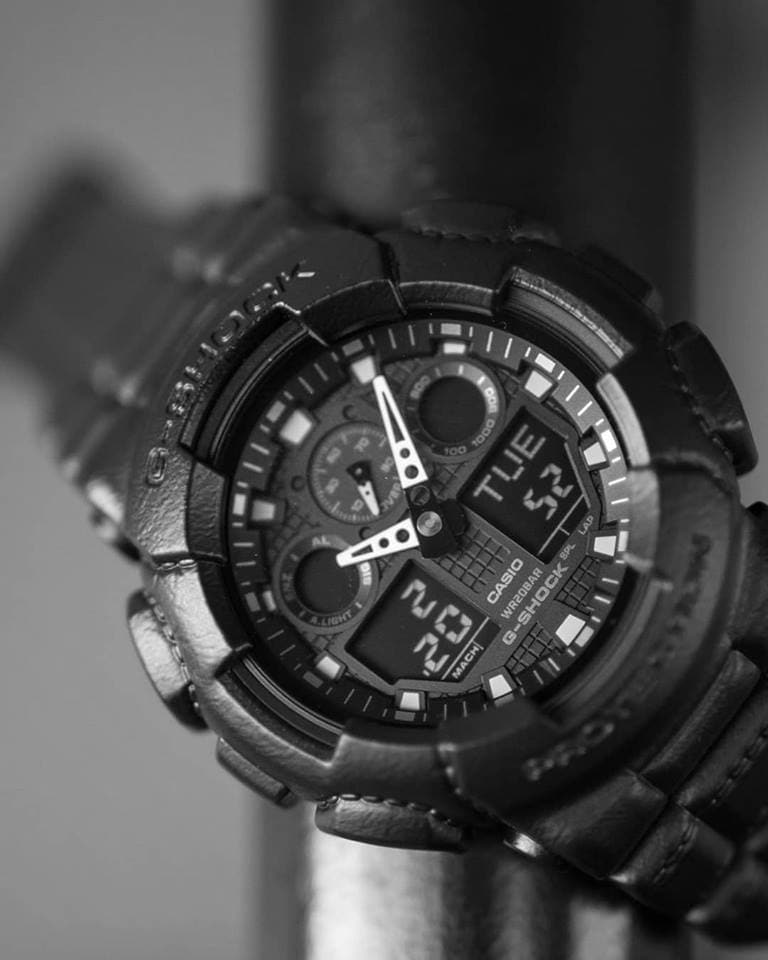 Casio G-Shock Black Out Leather Texture Series Anadigi Black Watch  GA100BT-1ADR