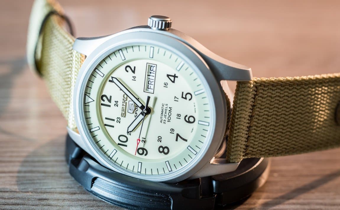 Seiko 5 Sports Military 100M Automatic Men's Watch Creme Tan Canvas Nylon Strap SNZG07K1 - Diligence1International