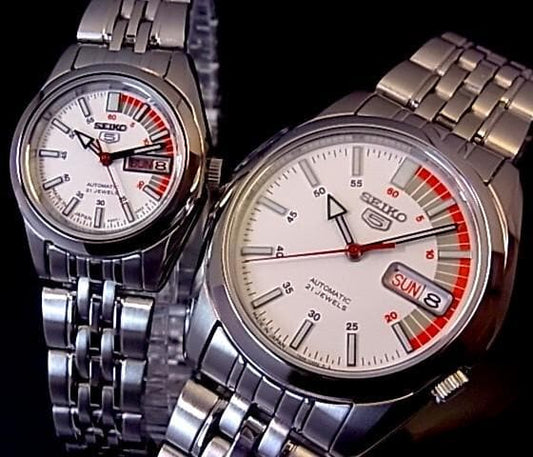 Seiko 5 Classic White Dial with Red Bar Couple's Stainless Steel Watch Set SNK369K1+SYMA41K1 - Diligence1International
