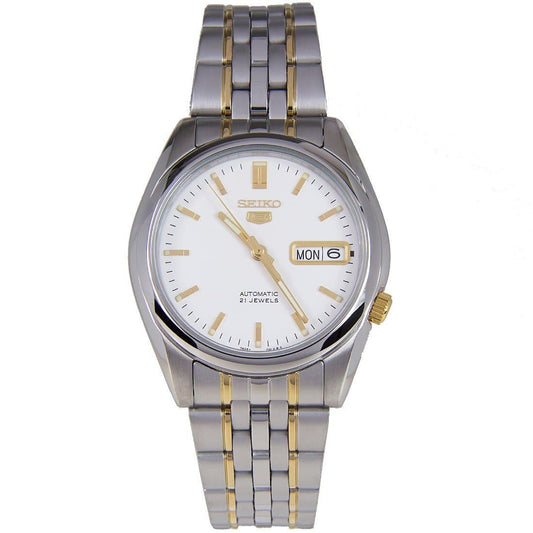 Seiko 5 Classic Mens Size White Dial 2 Tone Gold Plated Stainless Steel Strap Watch SNK363K1 - Diligence1International