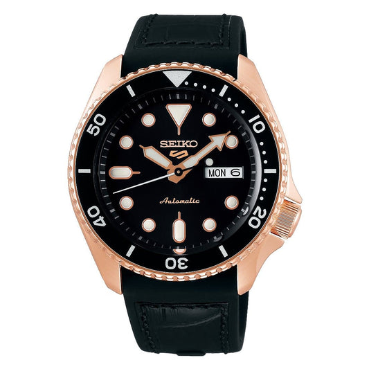 Seiko 5 Sports 100M Automatic Men's Leather Strap Watch Black Bezel Dial Rose Gold Plated Case SRPD76K1