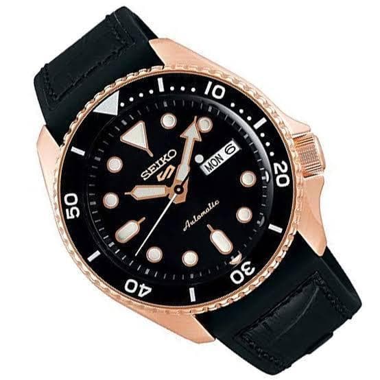 Seiko 5 Sports 100M Automatic Men's Leather Strap Watch Black Bezel Dial Rose Gold Plated Case SRPD76K1