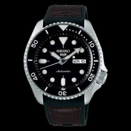 Seiko 5 Sports 100M Automatic Men's Leather Strap Watch Black Bezel Dial SRPD55K2