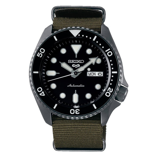 Seiko 5 Sports 100M Automatic Men's Watch Black Bezel Dial Green Nylon Strap SRPD65K4